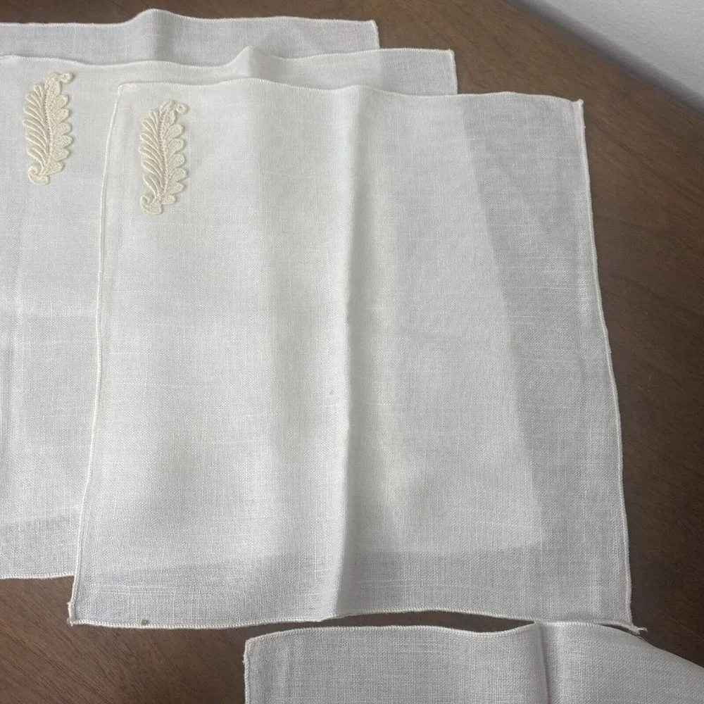 Vintage Ivory Cloth Napkins Linen Embroidered Leaf Applique Tea Towel Set 4